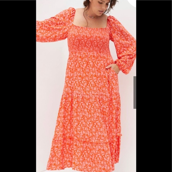 Dolan Left Coast Anthropology red midi smocked bodice dress NEW - Picture 3 of 11